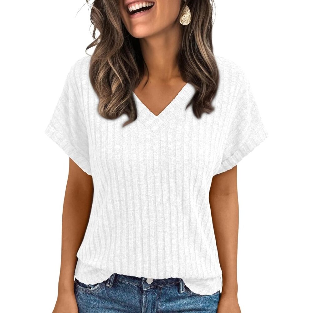〽️ Women's White Short Sleeve Cute V Neck Stretch Knitwear Pullover Sweater